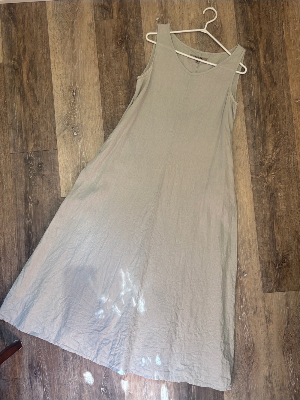 Sleeveless FLAX Linen A-Line Maxi Dress in Light Beige/Grey & Pockets
